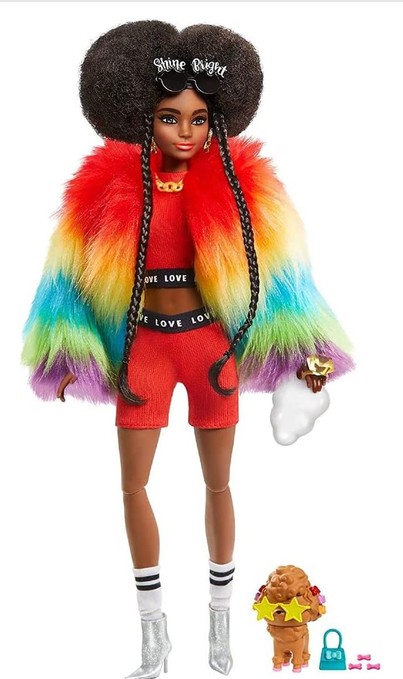 Barbie Extra Doll and Accessories with Afro-Puffs in Shaggy Rainbow Coat & Athleisure Look with Pet Poodle