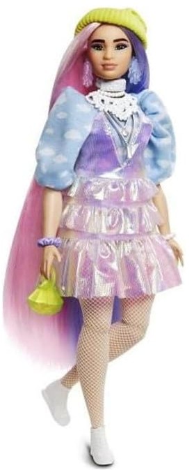 Barbie Extra Doll #2 in Shimmery Look with Pet Puppy, Pink & Purple Fantasy Hair, Layered Outfit & Accessories Including Neon Beanie, Multiple Flexible Joints 